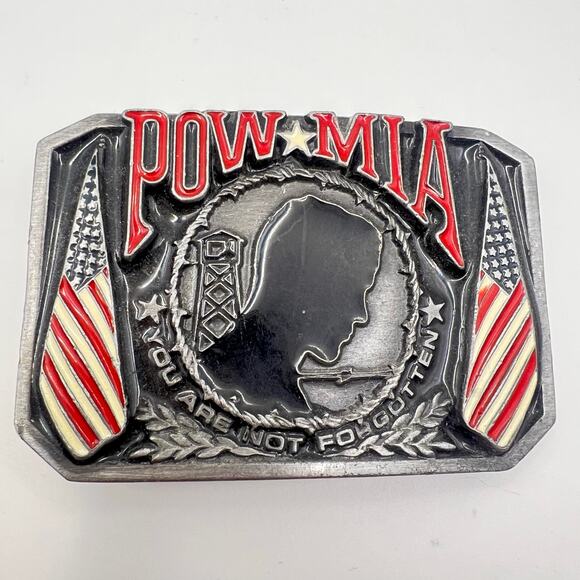 VTG POW MIA Belt Buckle You Are Not Forgotten Military Bergamot Pewter Enamel - Picture 1 of 11